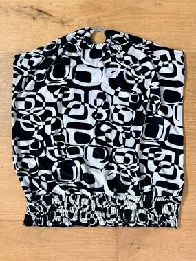 VTG EVE Y2K Op-Art Geometric Tube Top Black White Smocked Hem Ring Loop Wm Large